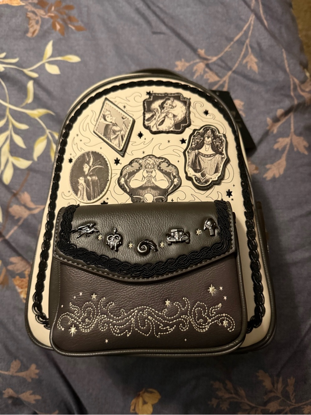Loungefly Black and Cream Illustrated Patch Backpack with Front Pocket